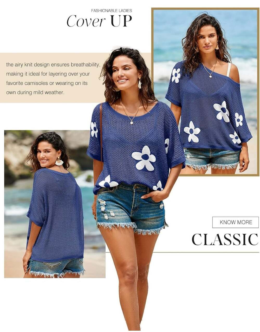 Navy Floral Crochet Knit Short Sleeve Oversized Top Large